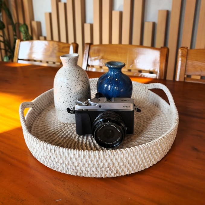 White Wash Round Rattan- Handmade Serving Tray-Decorative Woven Ottoman-Trays with Handles for Coffee Table Natural Basket Wave Tray (L- 13.7 Inch & M-11.8 Inch), Brown