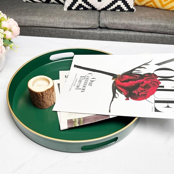 Green Round Serving Tray, Decorative Serving Trays with Handles, Coffee Table Tray Living Room, Plastic Tray for Ottoman.13