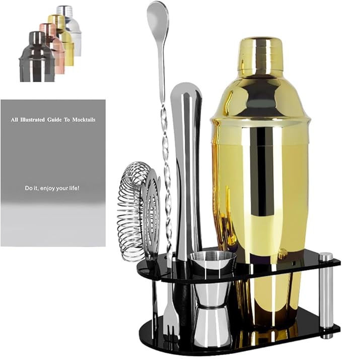 Cocktail Shaker Bartender Kit: 5 Piece Bar Tool Set, Cocktail Shaker Set with Stand, Drink Mixing Includes Martini Shaker,Strainer,Jigger,Bar Mixer Spoon,Muddler ﻿ (Gold, 750ml(25oz))