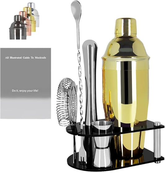 Cocktail Shaker Bartender Kit: 5 Piece Bar Tool Set, Cocktail Shaker Set with Stand, Drink Mixing Includes Martini Shaker,Strainer,Jigger,Bar Mixer Spoon,Muddler ﻿ (Gold, 750ml(25oz))