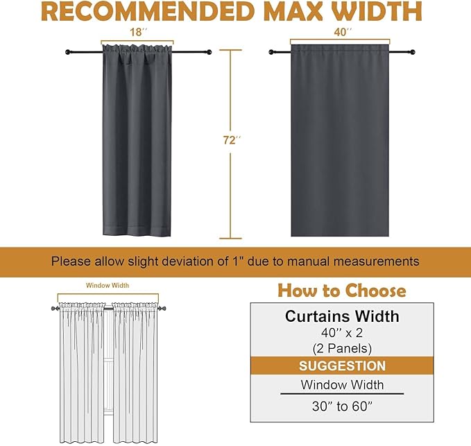 Aiyufeng Grey Blackout Curtains for Bedroom 72 Inch Length 2 Panels Set, Privacy Thermal Insulated Rod Pocket Door Window Curtains for Patio French Door Front Door, W40 x L72 Inch, Grey