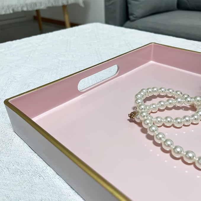 Pink Serving Tray with Handles, Rectangular Decorative Tray for Coffee Table, Plastic Ottoman Tray for Living Room, Bathroom, Kitchen Tabletop, 15.6”x 10.2”x1.37”