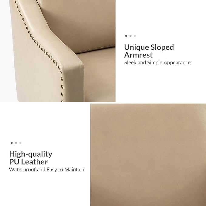 HULALA HOME Faux Leather Accent Armchair with Back & Seat Cushions, Traditional Club Chair with Nailhead Trim, Comfy Upholstered Sofa Chair for Living Room Bedroom, Beige