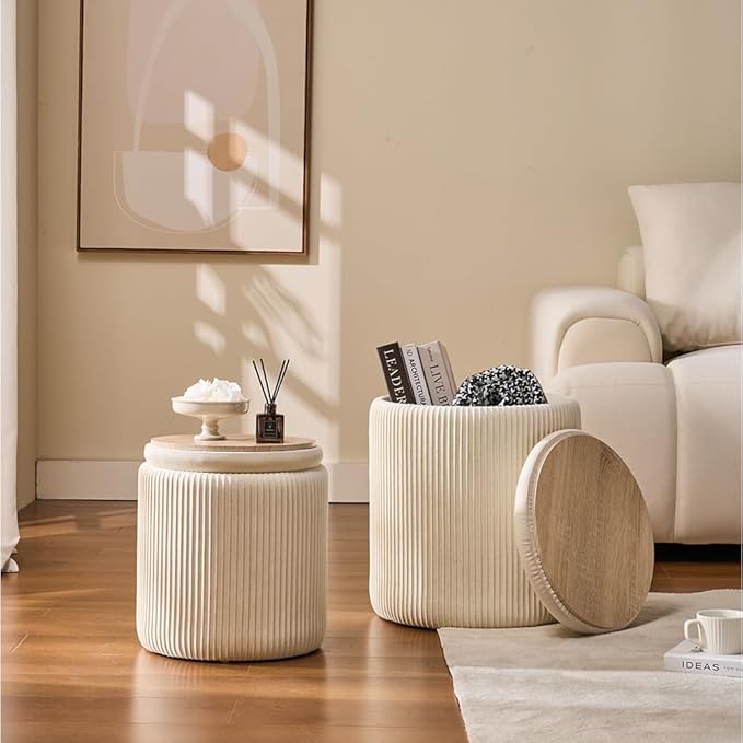 Round Set of 2 Ottoman with Storage-Upholstered Velvet Vanity Stool for Makeup Multifunctional Ottomans Coffee Table Padded Seat Foot Rest for Living Room&Bedroom（White）