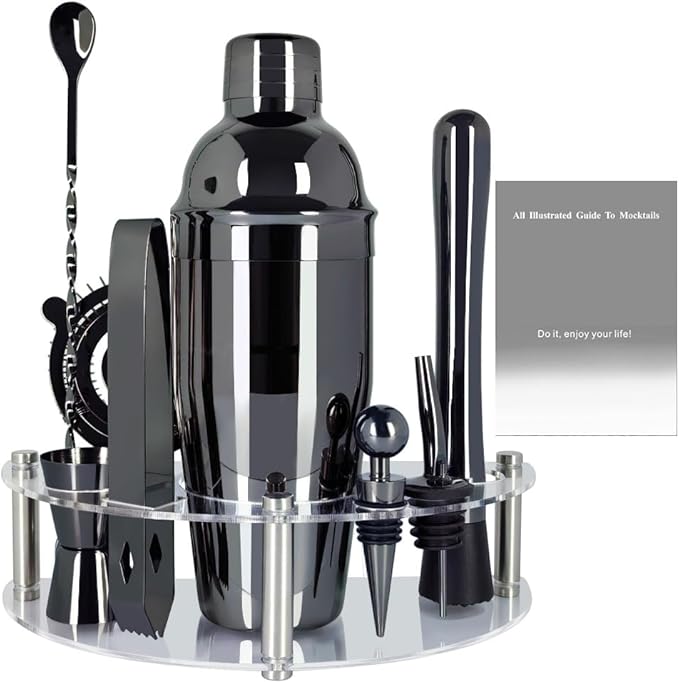 Cocktail Shaker Set with Stand, Cocktail Shaker Bartender Kit: Bar Tool Set, Drink Mixing Includes Martini Shaker,Strainer,Jigger,Bar Mixer Spoon,Muddler, Pourer, Bottle Stopper (Black)