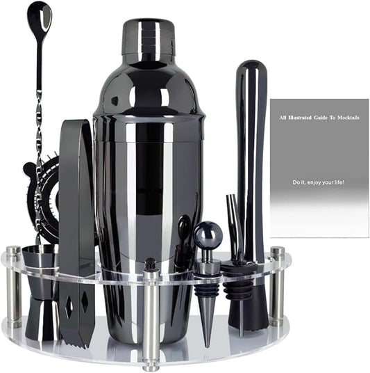 Cocktail Shaker Set with Stand, Cocktail Shaker Bartender Kit: Bar Tool Set, Drink Mixing Includes Martini Shaker,Strainer,Jigger,Bar Mixer Spoon,Muddler, Pourer, Bottle Stopper (Black)