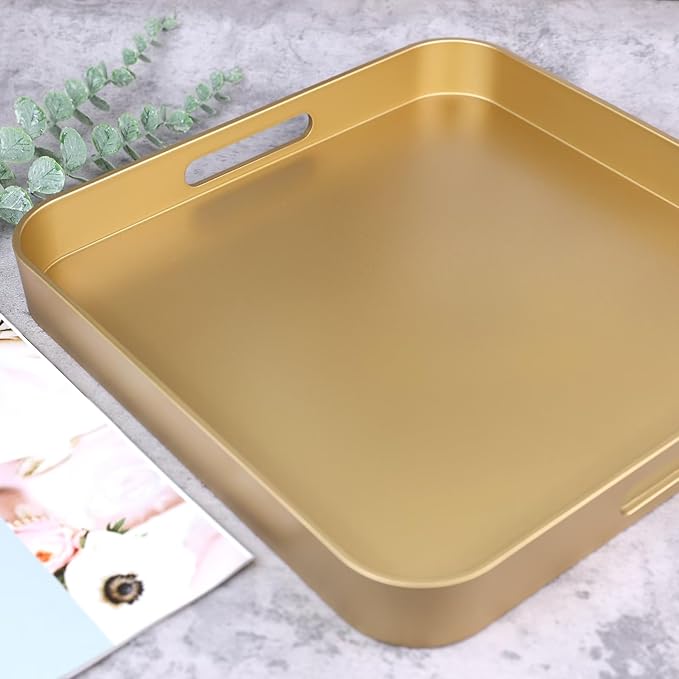Square Gold Decorative Serving Tray with Handles, Versatile Ottoman Tray for Coffee Table, Entertaining, Outdoor Patio, Living Room, 13”*13”*1.6”