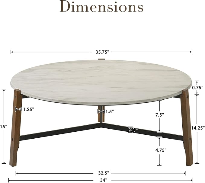 HEAH-YO Round Coffee Table, 36” Wooden Coffee Tables for Living Room, Modern Corner Table for Small Spaces, White