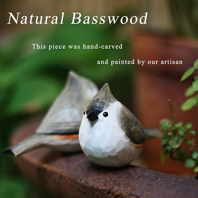 Handmade Wooden Carved Bird Decor - Sculpted Hand-Painted Figurines, Small Home Statue, Shelf Decor, BFF Gifts for Bird Lovers (Tufted Titmouse)