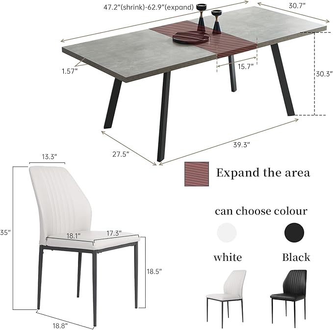 47.2"- 62.9" Extendable Dining Table Set for 6, Modern Kitchen Table with 6 PU Leather Chairs, Thickened Expandable MDF Wooden Table with Metal Legs for Dining Room, Kitchen, Office