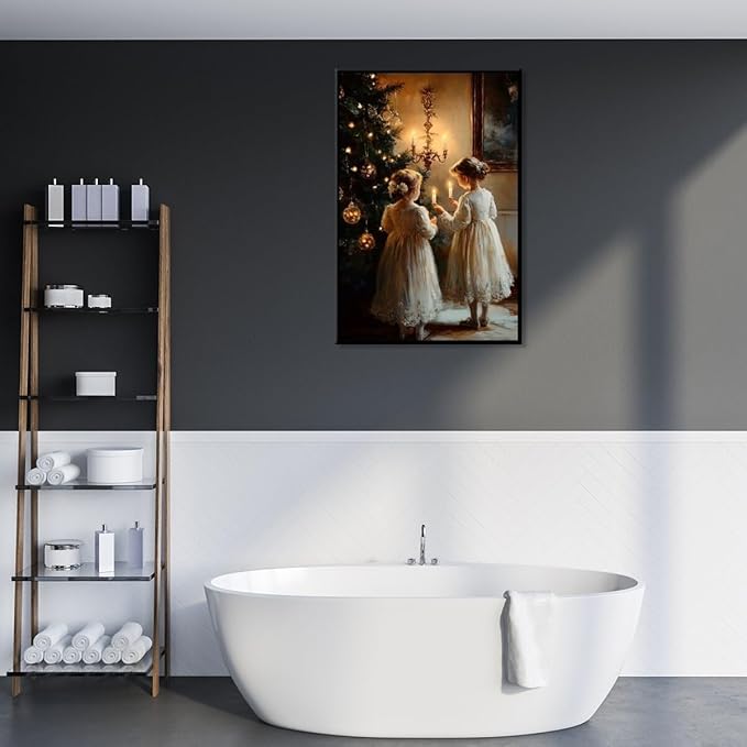 Vintage christmas wall art christmas tree wishing girl canvas poster winter room holiday decoration for farmhouse cabin living room bedroom black framed24x36inch