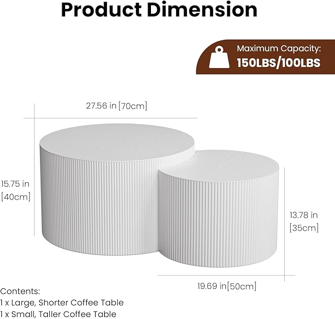 Nesting Coffee Table Set of 2 Modern Round Coffee Table with Non-Slip Feet Wood Drum Circle Accent Tables End Table Set for Living Room Bedroom Office (White Crescent Set)