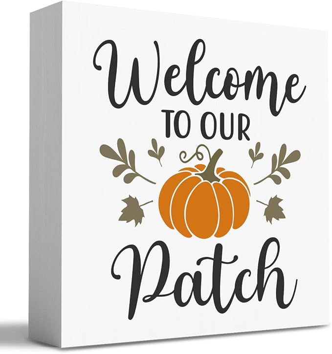 HTBIG Fall Wooden Box Sign, 5.1 X 5.1 Inch Pumpkin Autumn Wood Sign for Tiered Tray, Home Living Room Harvest Day Thanksgiving Tabletop Decor - Welcome to Our Pumpkin Patch