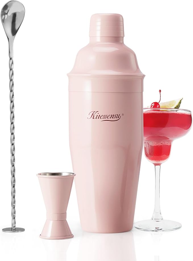 KITESSENSU Cocktail Shaker Set, Stainless Steel Martini Shaker with Bartender Strainer, Measuring Jigger, Bar Mixing Spoon, Cocktail Recipe Included, Pink