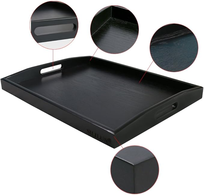 Serving Tray Black Large Food Tray Breakfast Tray Wood Butler Tray with Handle 17.77 x 13.72 x 1.78
