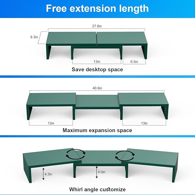 Dual Monitor Stand for Desk, Metal Computer Stand, Desk Shelf Riser,Desktop Organizer for Home and Office Use (Green)