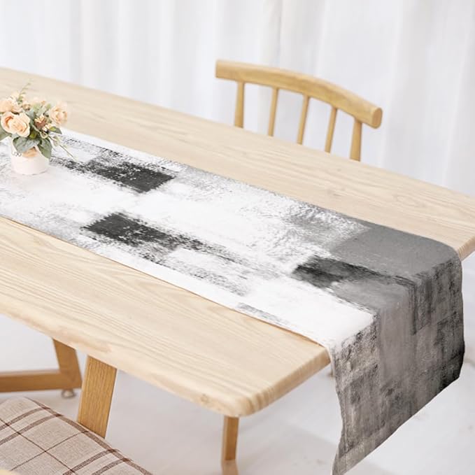 OYIMUA Grey and White Abstract Modern Table Runner, Art Rustic Kitchen Dining Table Decor for Holiday Home Party 13x72 Inches