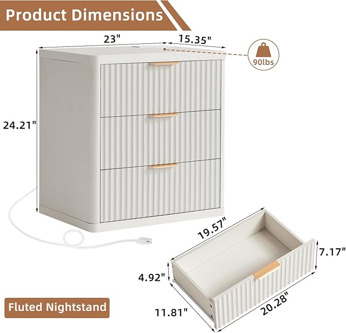 LEYAOYAO 23" Wide Fluted Farmhouse Night Stand Set of 2 with Charging Station, 3 Drawers Large End Table w/Metal Handle,White Nightstand Bedside Table,Wood Dresser for Bedroom, Closet