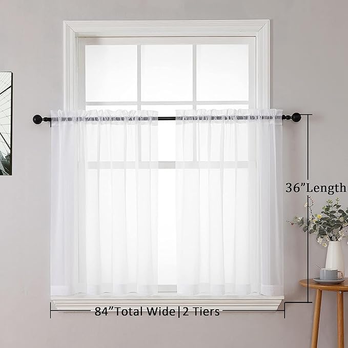 Aiyufneg White Sheer Curtains 36 inch Length Kitchen Tiers Short Voile Curtains/Drapes Solid Sheers Cafe Curtains Voile Bathroom Small Half Window Curtains 2 Panels Set, Rod Pocket, 40" Wx36 L