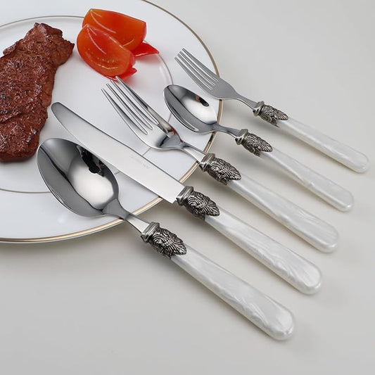 REVERIE Collection 18/10 Stainless Steel Vintage Flatware set,Sliverware set,Dishwasher safe (65, Pearl White)