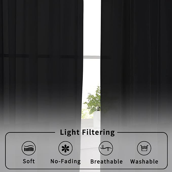 Aiyufeng Black Curtains 36 inches Long 2 Panels, Short Cafe Sheer Tiers, Kitchen Tier Curtains for Kitchen Room Laundry, Rod Pocket, 40" Wx36 L