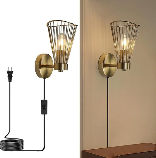 Plug in Wall Sconces Vintage Wall Light with On/Off Switch Gold Modern Wall Lamp with Plug in Cord for Living Room Bedroom Bedside Hallway Vanity