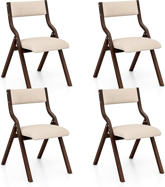 Giantex Folding Dining Chairs Set of 4, No Assembly Folding Chairs w/Linen Padded Seats, Wood Foldable Kitchen Chairs, Easy to Store Extra Event Chairs, Padded Folding Chair for Wedding Guests Party