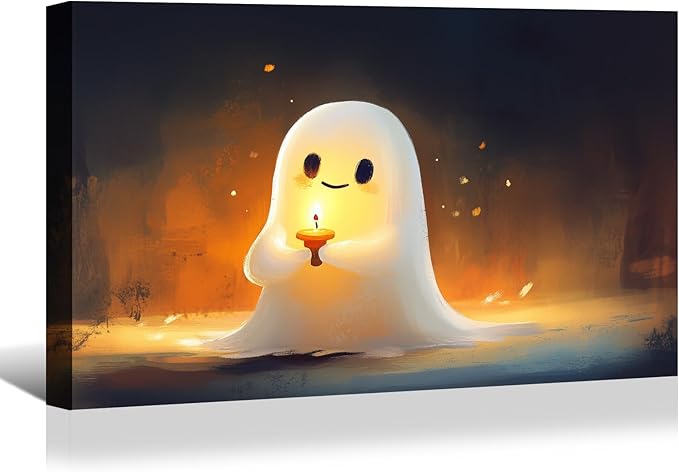 BANHUA1 Vintage Halloween Canvas Wall Art, Cute Ghost with Candle Picture Print, Dark Academia Wall Decor for Home, Living Room, Bedroom, 48 x 36 Inch