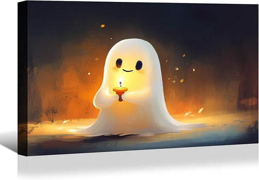 BANHUA1 Vintage Halloween Canvas Wall Art, Cute Ghost with Candle Picture Print, Dark Academia Wall Decor for Home, Living Room, Bedroom, 40 x 28 Inch