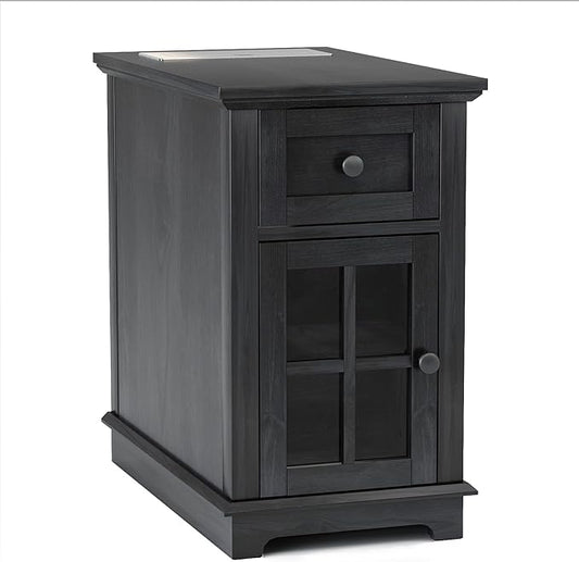 HIFYOBRO End Table with 1 Drawer, Storage Side Table with Flip Top Charging Station, Type-C & USB Port & Power outlets, Wooden Storage Cabinet for Bedroom/Living Room