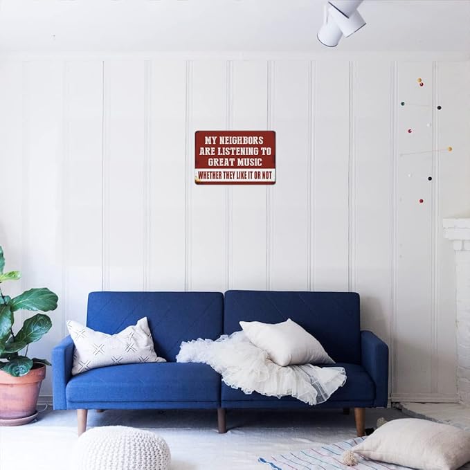 Funny Garage Decor Vintage Metal Tin Sign Music Gifts Home Room Backyard Wall Decorations for Men 12 X 8 Inches Outdoor & Indoor - My Neighbors Are Listening to Great Music (2pcs)