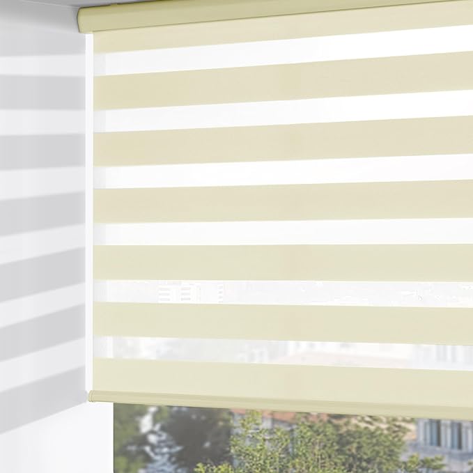 ChrisDowa Cordless Zebra Blinds for Windows, Dual Layer Free-Stop Light Filtering Window Roller Shades, Pull Down Privacy Zebra Shades for Home, Office, Bedroom, Door (59" W x 72" H, Beige)
