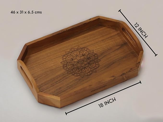 Vesta Homes Extra Large Wooden Serving Tray for Home, Kitchen, Breakfast, Restaurant, Office Organizer, Dining Table | Premium Acacia Wood |18 * 12 * 3 Inches | Handcrafted in India