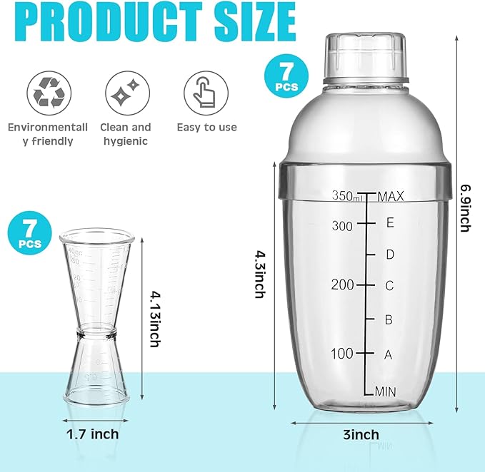 7 Pcs Plastic Cocktail Shaker Set Drink Mixer with Mark Clear Drink Cocktail Shaker and Measuring Jigger Set Ounce Cup Clear for Bar Party Home Use Wine Bar(11.8oz)