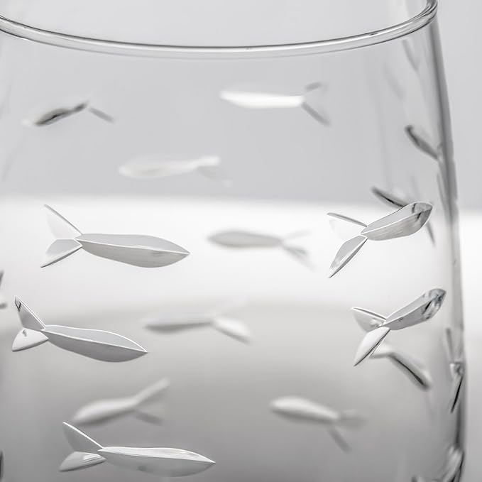 Rolf Glass School of Fish 18oz All Purpose Wine Glass | Set of 4 | Large Wine Glasses | Lead-free Crystal Glass | Engraved Wine Glasses | Made in the USA