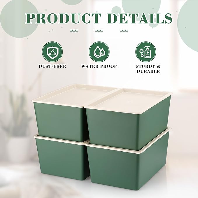 Menkxi 4 Pcs Storage Bins with Lids Plastic Containers Stackable Storage Box Baskets for Organizing Shelves(Green,Large)