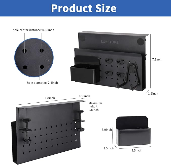 LUKETURE Desk Side Storage, No Drill Laptop Side Desk Mount, Steel Hanging Organizer, with Pegboard Accessories, Clamp on Laptop Holder for Office and Home, Fits Flat Edge Tables 0.3" to 2.8"