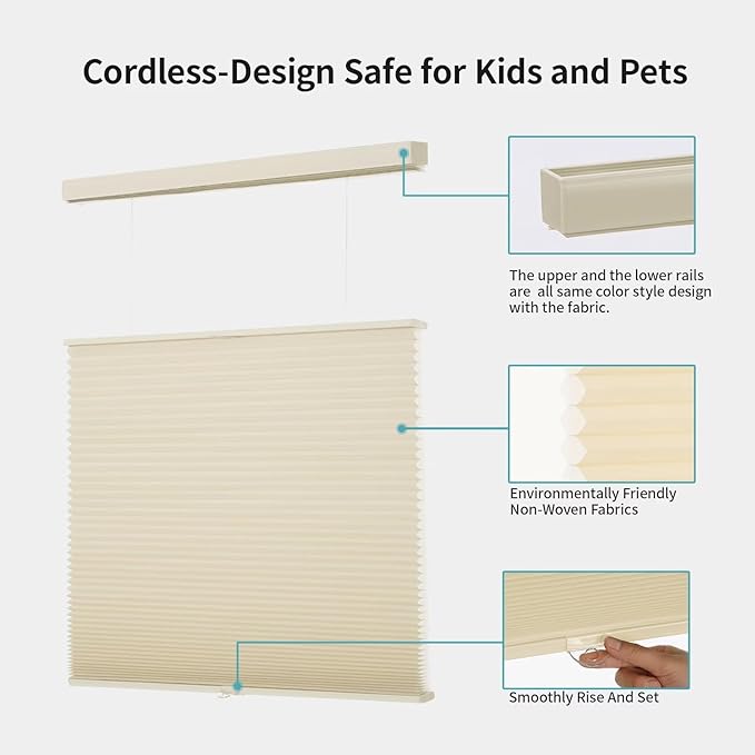 MYshade Top Down Bottom Up（TDBU） Cellular Shades, 1.5 inch Cordless Light Filtering Honeycomb Pleated Blinds for Windows Home Bedroom Office, Light Control, Thermal Insulated, 38" W x 72" H, Beige