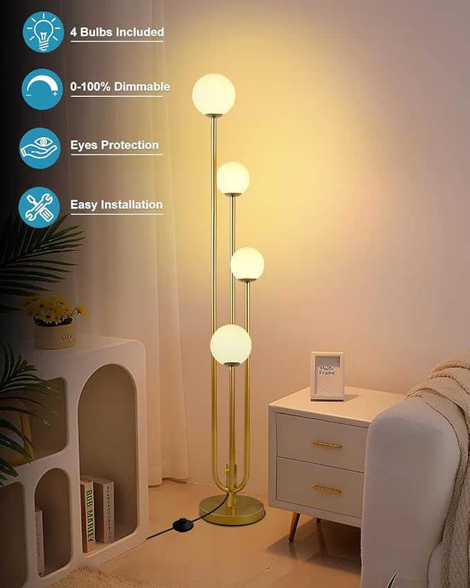 Lightdot Gold Globe Floor Lamp 4-Lights Dimmable Floor Lamps 3000K Bulbs Included Unique Modern Standing Tall Lamp for Living Room/Bedroom