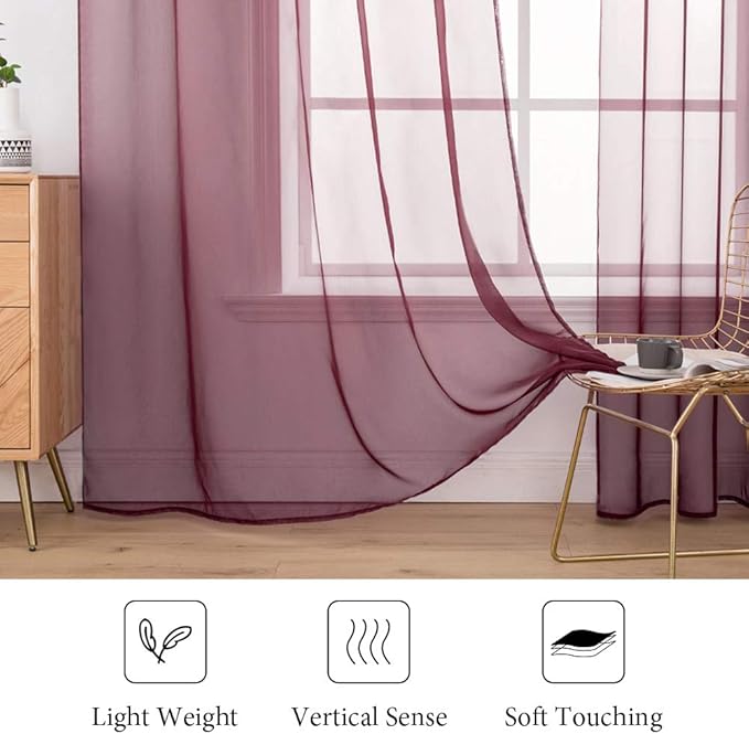 MIULEE 2 Panels Solid Color Sheer Christmas Window Curtains Elegant Window Voile Panels/Drapes/Treatment for Bedroom Living Room (54X108 Inches Wine Red)