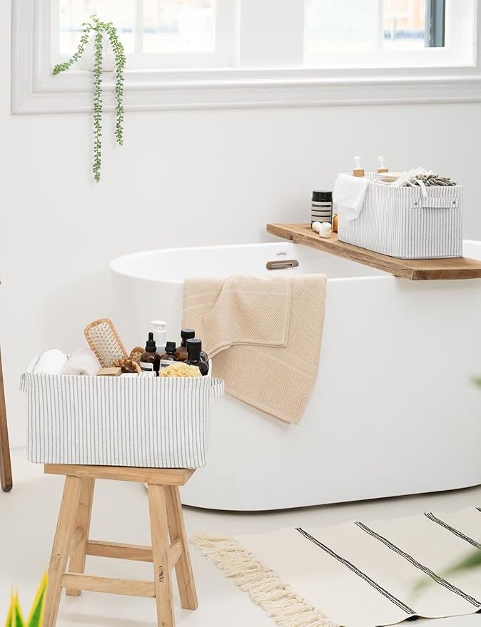 StorageWorks Narrow Storage Bins, Small Basket for Closet and Shelves, Rectangular Fabric Organizer with Handles, Toilet Paper Storage, Khaki and Beige Stripes, 2-Pack