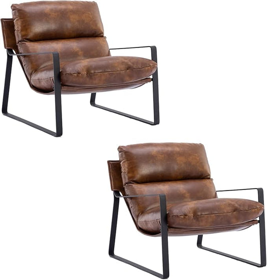 HEAH-YO Modern Accent Chairs Set of 2, PU Faux Leather Living Room Chairs with Removable Cushion and Solid Metal Frame, Comfy Reading Chairs for Bedroom, Brown