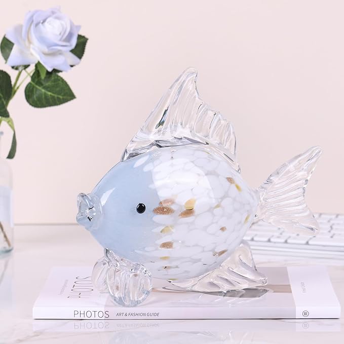 9.4 in Blown Colored Glass Fish Statue, Blue Glass Fish Paperweight Sculpture for Modern Home Decor, Living Room Coffee Table, Office Desk, Dining Table Centerpiece (C)