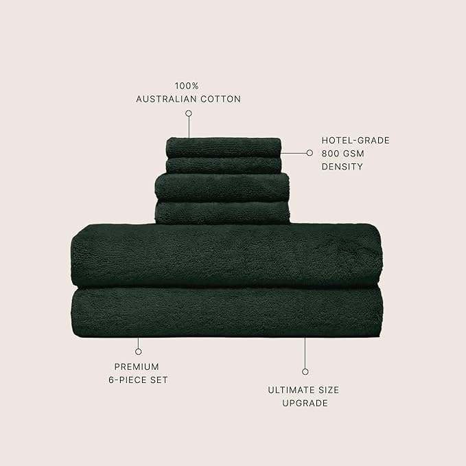 Italic Ultraplush Luxe 6 Piece Towel Set – 2 Bath Sheets, 2 Hand Towels, 2 Washcloths – 800GSM Soft, Highly Absorbent & Quick Drying, Resort Grade 100% Australian Cotton Towels (Deep Forest)