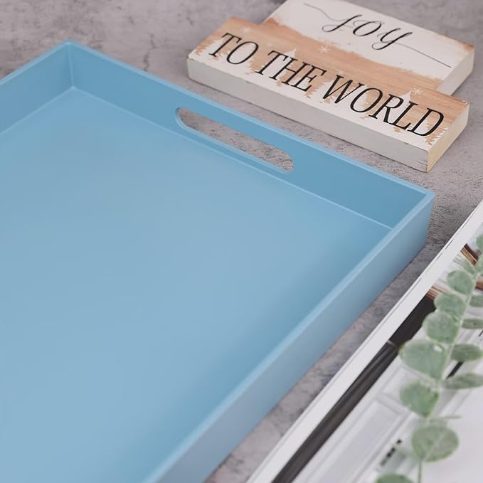 Blue Serving Tray for Coffee Table, Rectangular Plastic Decorative Tray with Handles for Entertaining, Outdoor Patio, Living Room, Ottoman, Bathroom Counter, 11.8”*15.7”*1.6”