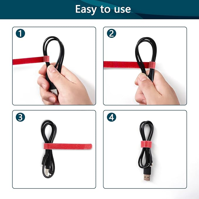 50PCS Reusable Adjustable Cable Ties, Microfiber Cloth for Computer Cable Management (Red)