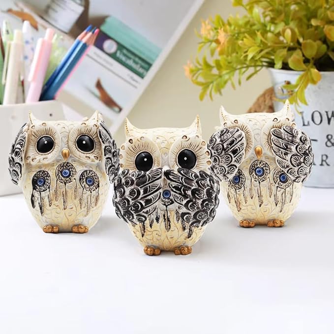 3 Owl Figurines Decor, Owl Statue Figurine, See No Hear No Speak No Evil Ornaments, Crafted Animal Sculpture, Cute Owls Decoration for Living Room, Office, Bookshelf, Bedroom - White