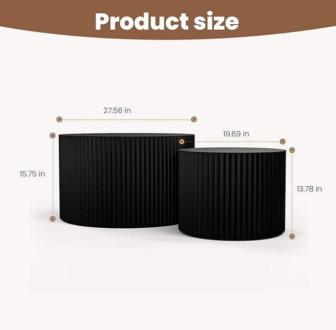 Round Nesting Coffee Table Wood Drum Nesting Tables Modern Stacking Coffee Table Set of 2 Fluted Center Table End Table for Living Room Home Office Small Spaces, No Assembling (Black Large)
