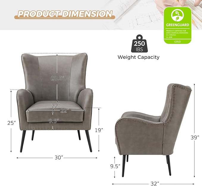 HULALA Home Faux Leather Accent Chair Set of 2 w/Removable Cushion, Comfy Upholstered Armchair with Metal Legs & Nailhead Trim Wingback Vanity Chair Desk Chair for Reading Living Room Bedroom, Grey