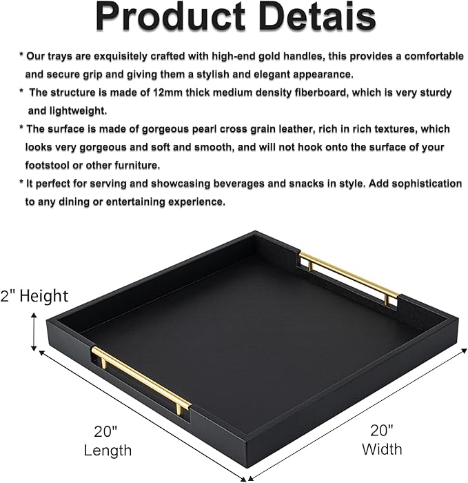 Black Square Serving Tray with Gold Handles for Party,Large Wood Decorative Tray for Ottoman,Faux Leather Coffee Table Tray Decor